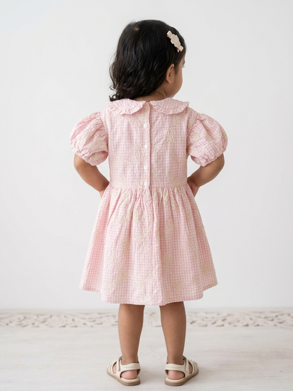 Girls' Premium Peony-Blush Gingham Embroidered Dress – Ruffled Peter Pan Collar &amp; Puff Sleeve Boutique Party Wear - Serromi