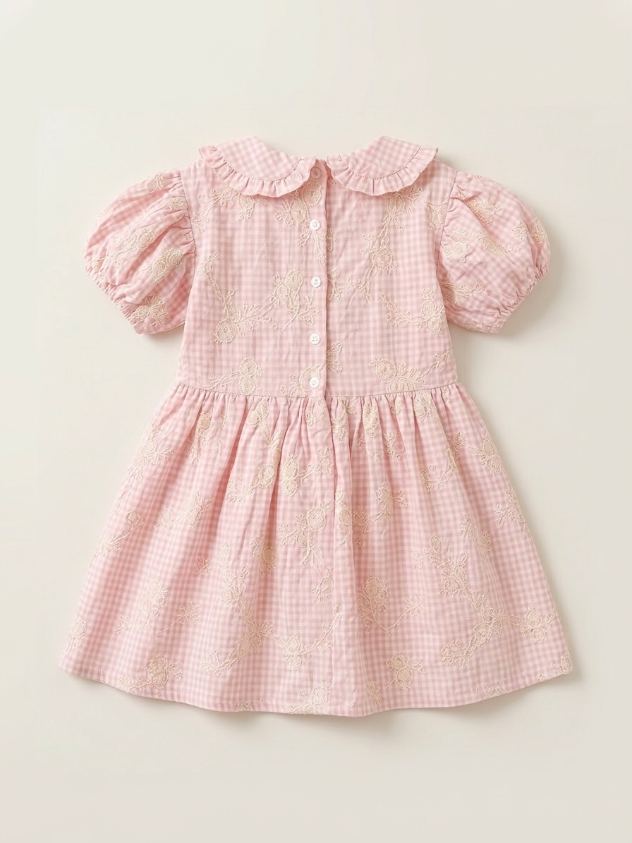 Girls' Premium Peony-Blush Gingham Embroidered Dress – Ruffled Peter Pan Collar &amp; Puff Sleeve Boutique Party Wear - Serromi