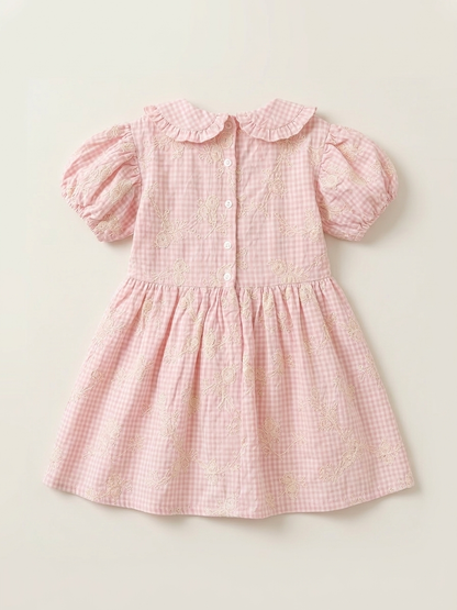 Girls' Premium Peony-Blush Gingham Embroidered Dress – Ruffled Peter Pan Collar &amp; Puff Sleeve Boutique Party Wear - Serromi