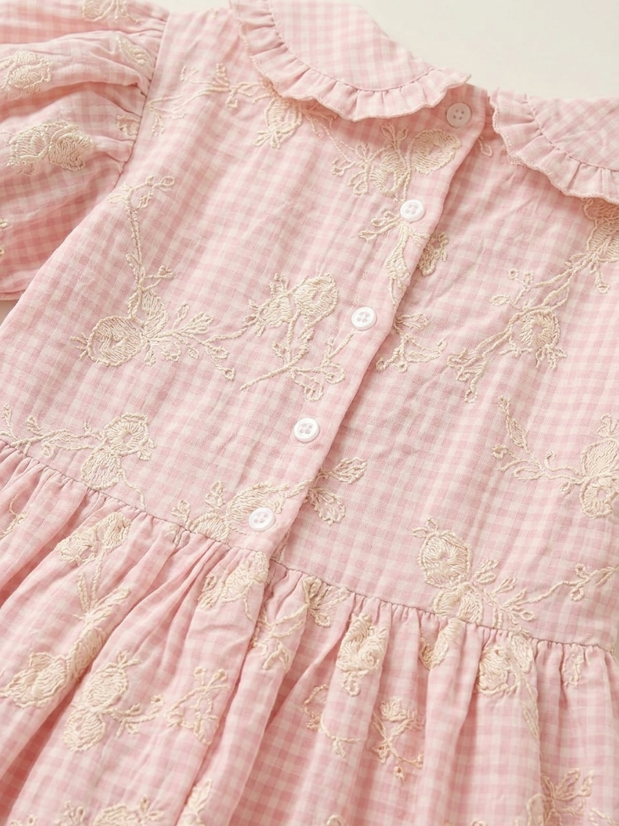 Girls' Premium Peony-Blush Gingham Embroidered Dress – Ruffled Peter Pan Collar &amp; Puff Sleeve Boutique Party Wear - Serromi