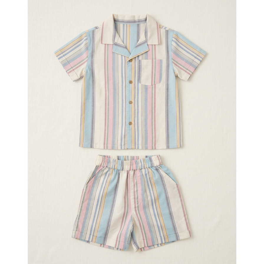 Boys’ Multi-Tonal Pastel Striped Linen Set – Mediterranean Resort Shirt &amp; Tailored Shorts in Soft Slub