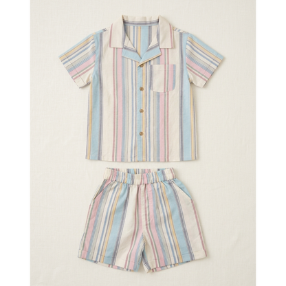 Boys’ Multi-Tonal Pastel Striped Linen Set – Mediterranean Resort Shirt &amp; Tailored Shorts in Soft Slub