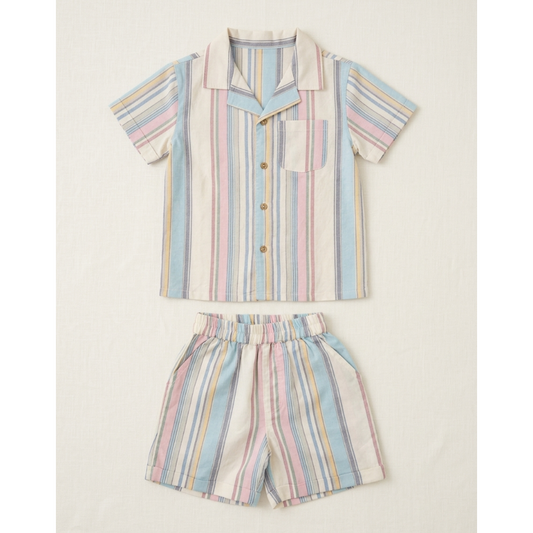 Boys’ Multi-Tonal Pastel Striped Linen Set – Mediterranean Resort Shirt &amp; Tailored Shorts in Soft Slub