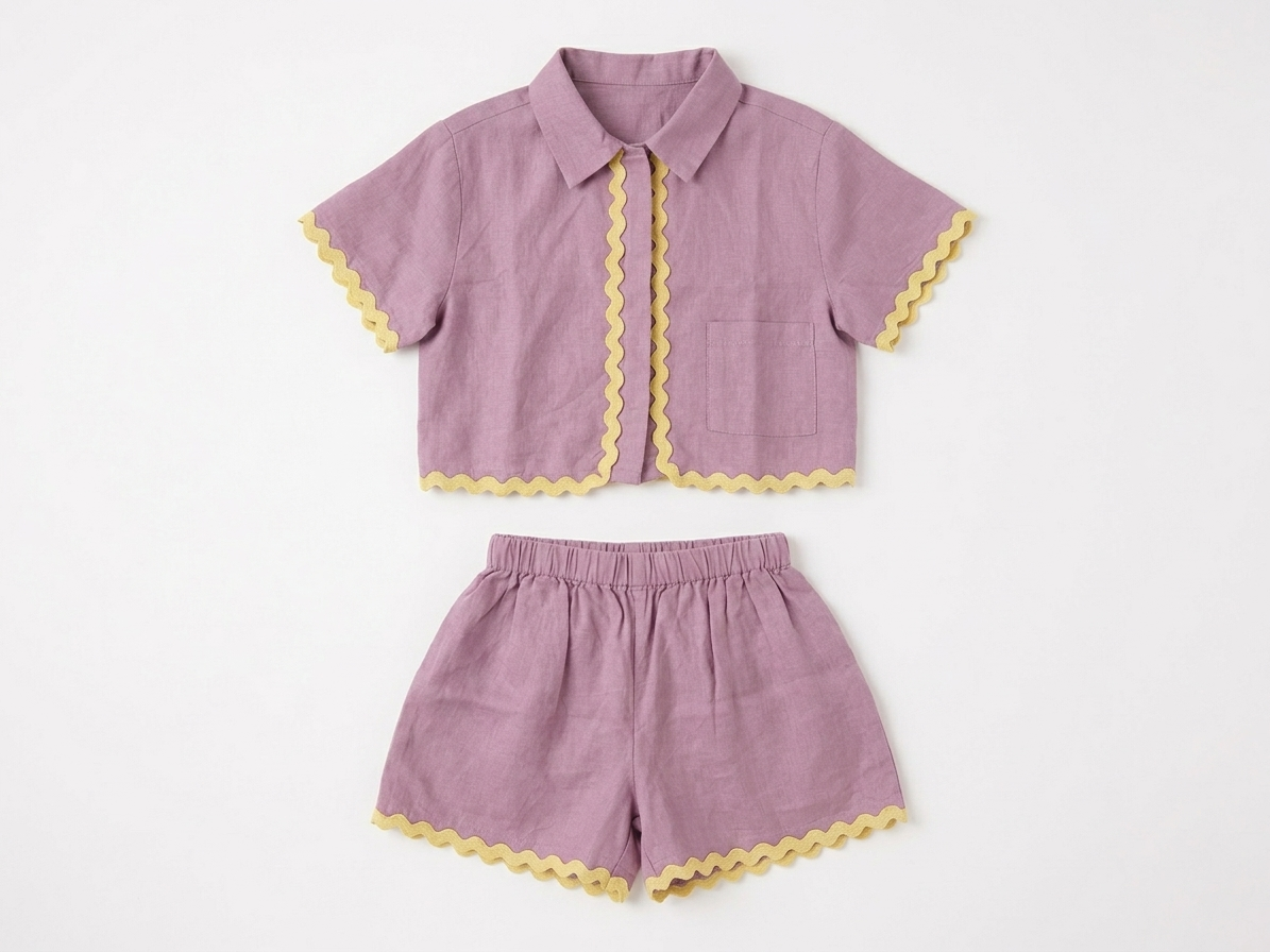Girls' Premium Mulberry Linen Ric-Rac Set – Scalloped Trim Button-Down Shirt &amp; Shorts in Organic Flax - Serromi