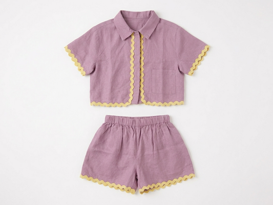 Girls' Premium Mulberry Linen Ric-Rac Set – Scalloped Trim Button-Down Shirt &amp; Shorts in Organic Flax - Serromi