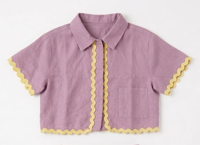Girls' Premium Lilac Scalloped Linen-Blend Shirt – Short Sleeve Casual Luxury Top Sophisticated Pastel Button-Up for Upscale Playdates