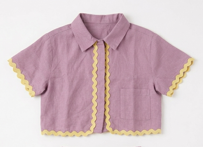 Girls' Premium Lilac Scalloped Linen-Blend Shirt – Short Sleeve Casual Luxury Top Sophisticated Pastel Button-Up for Upscale Playdates