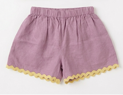 Girls' Premium Dusty Lavender Linen Shorts – Scalloped Ric-Rac Trim High-Waist Cotton-Linen Luxury Summer Shorts for Toddlers and Girls A Curated Classic for Sunny Soirées