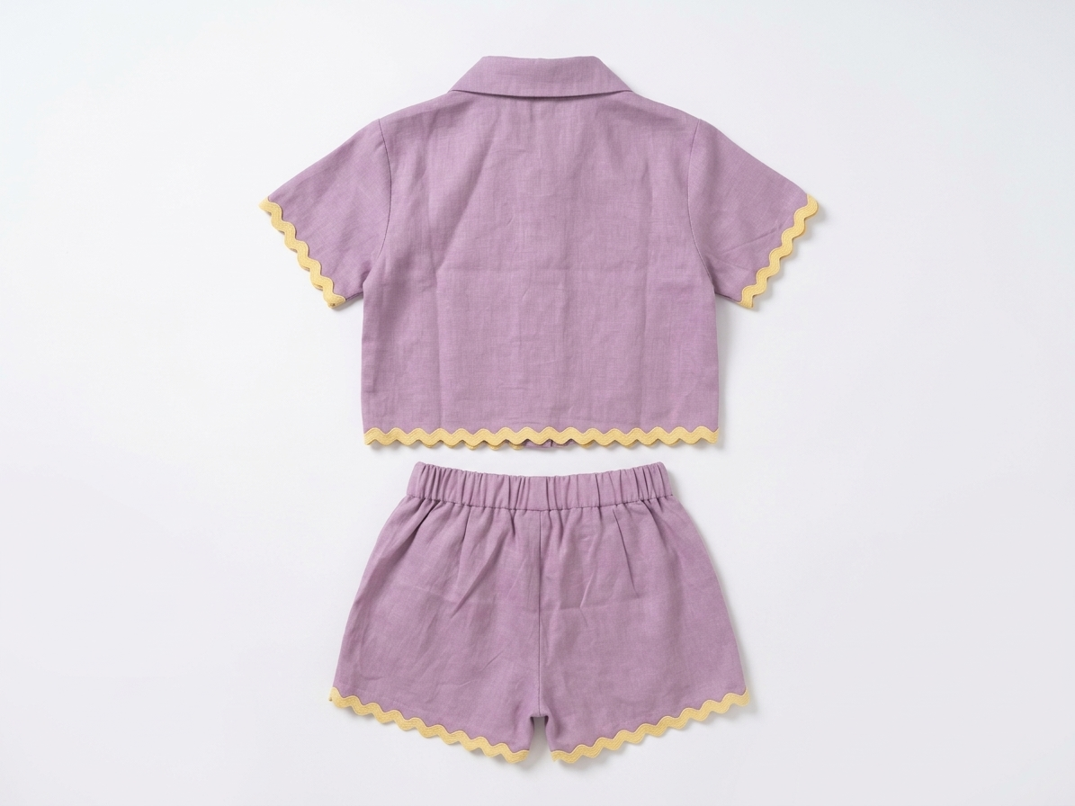 Girls' Premium Mulberry Linen Ric-Rac Set – Scalloped Trim Button-Down Shirt &amp; Shorts in Organic Flax - Serromi