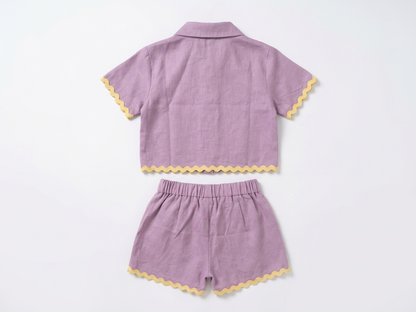 Girls' Premium Mulberry Linen Ric-Rac Set – Scalloped Trim Button-Down Shirt &amp; Shorts in Organic Flax - Serromi