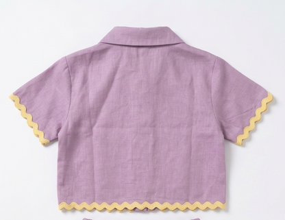 Girls' Premium Lilac Scalloped Linen-Blend Shirt – Short Sleeve Casual Luxury Top Sophisticated Pastel Button-Up for Upscale Playdates