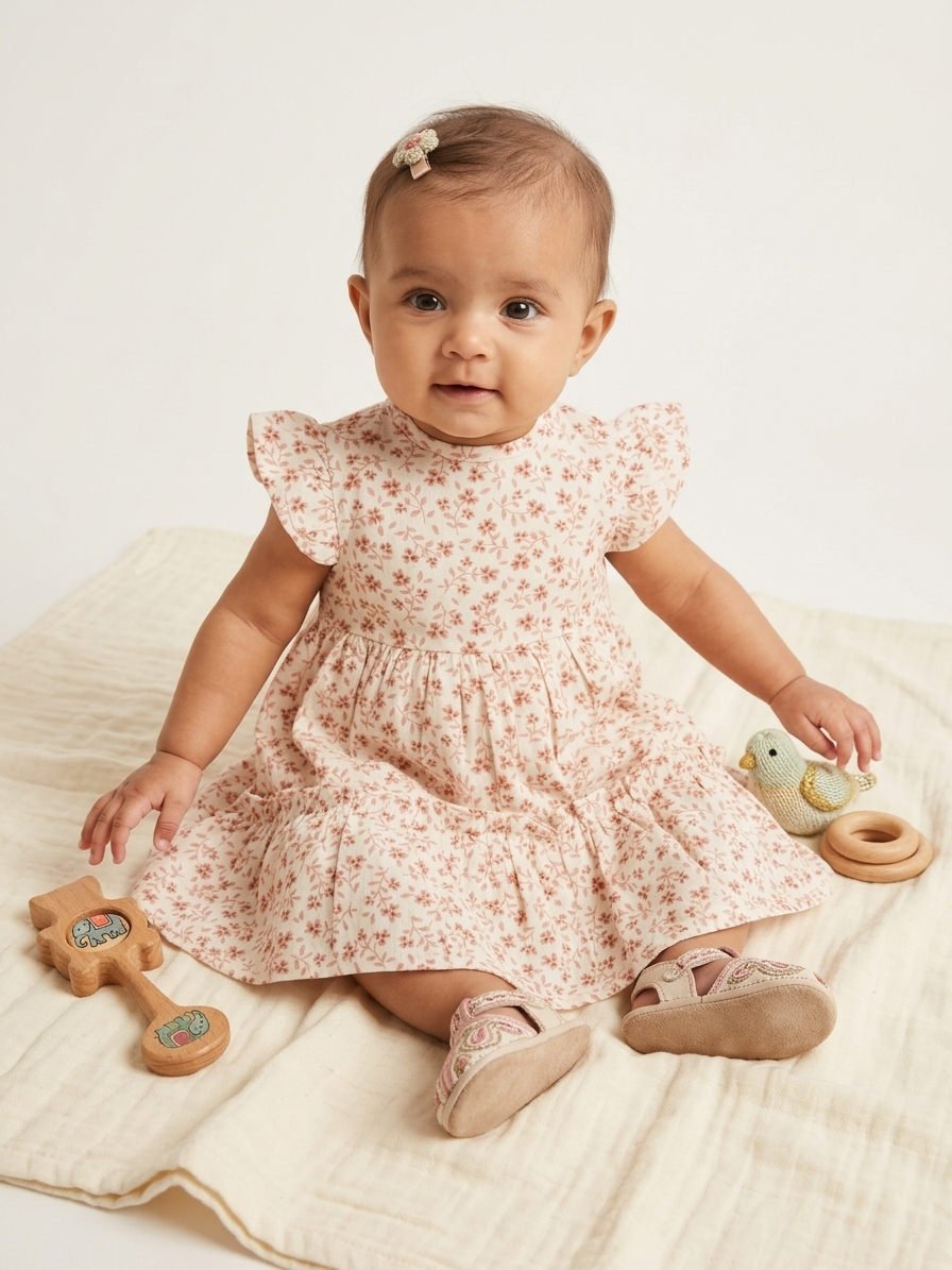 Girls' Premium Rose-Dust Floral Tiered Dress – Flutter Sleeve Botanical Tea Dress in Soft Jersey - Serromi