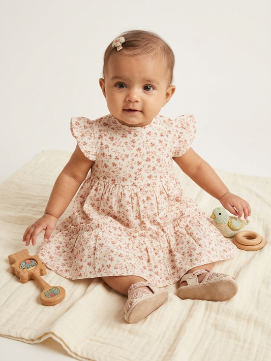 Girls' Premium Rose-Dust Floral Tiered Dress – Flutter Sleeve Botanical Tea Dress in Soft Jersey - Serromi