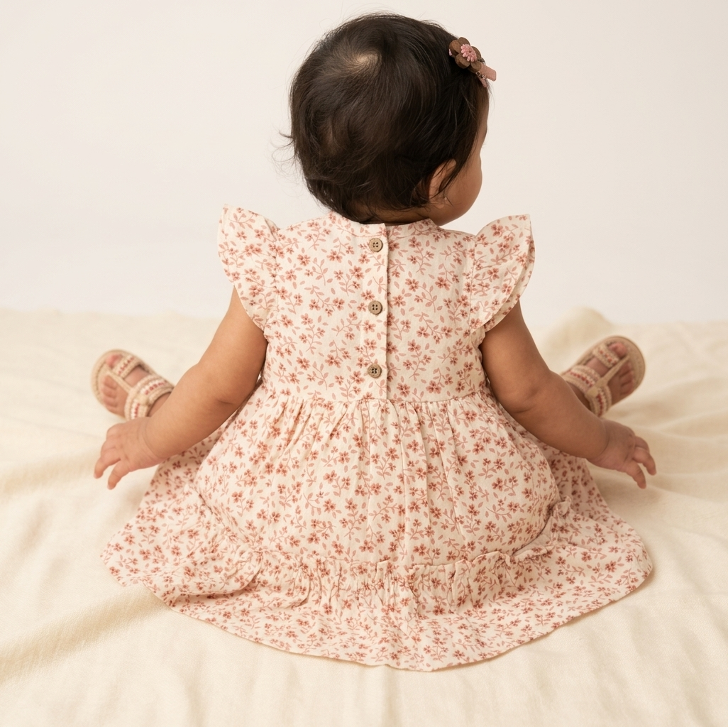 Girls' Premium Rose-Dust Floral Tiered Dress – Flutter Sleeve Botanical Tea Dress in Soft Jersey - Serromi