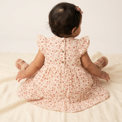 Girls' Premium Rose-Dust Floral Tiered Dress – Flutter Sleeve Botanical Tea Dress in Soft Jersey - Serromi