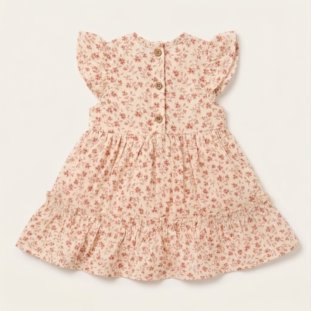 Girls' Premium Rose-Dust Floral Tiered Dress – Flutter Sleeve Botanical Tea Dress in Soft Jersey - Serromi