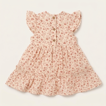 Girls' Premium Rose-Dust Floral Tiered Dress – Flutter Sleeve Botanical Tea Dress in Soft Jersey - Serromi