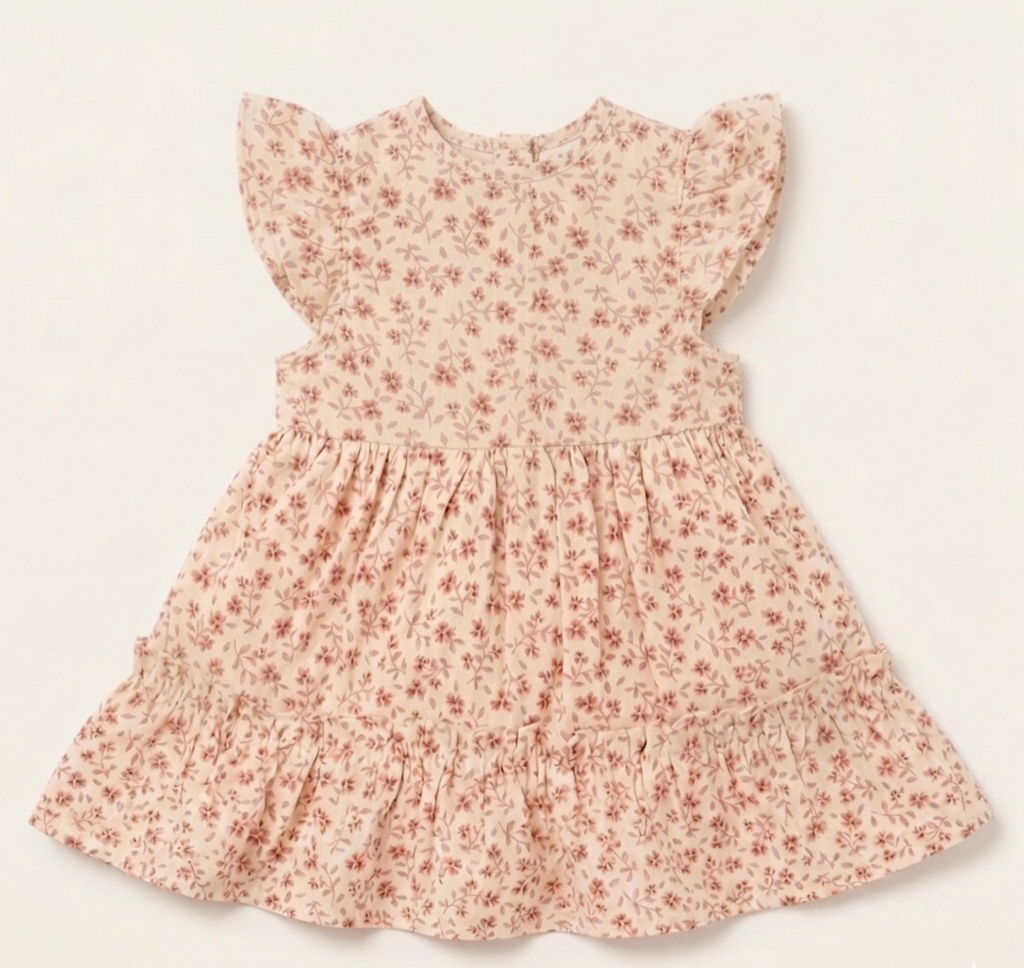 Girls' Premium Rose-Dust Floral Tiered Dress – Flutter Sleeve Botanical Tea Dress in Soft Jersey