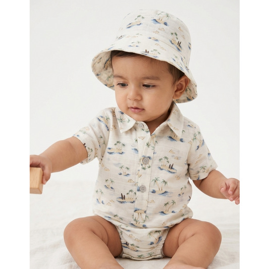 Infant Boys' Coastal Linen-Blend Romper &amp; Bucket Hat Set – Tropical Island Print Summer Sunsuit