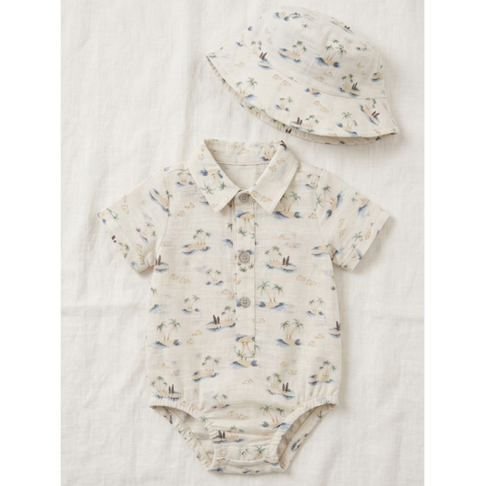 Infant Boys' Coastal Linen-Blend Romper &amp; Bucket Hat Set – Tropical Island Print Summer Sunsuit