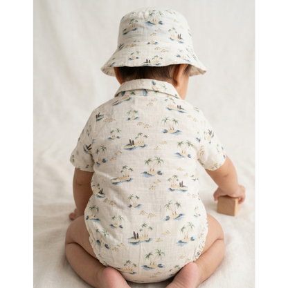 Infant Boys' Coastal Linen-Blend Romper &amp; Bucket Hat Set – Tropical Island Print Summer Sunsuit