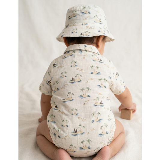 Infant Boys' Coastal Linen-Blend Romper &amp; Bucket Hat Set – Tropical Island Print Summer Sunsuit