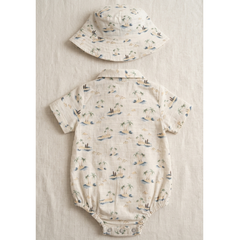 Infant Boys' Coastal Linen-Blend Romper &amp; Bucket Hat Set – Tropical Island Print Summer Sunsuit - Serromi