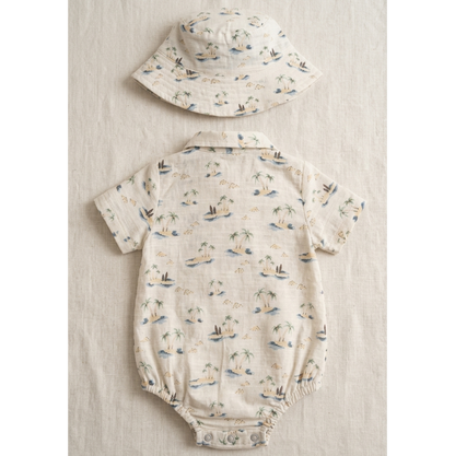 Infant Boys' Coastal Linen-Blend Romper &amp; Bucket Hat Set – Tropical Island Print Summer Sunsuit - Serromi