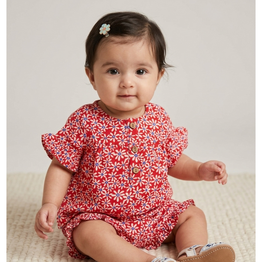 Girls' Crimson Daisy Gossamer Set – Flutter-Sleeve Top &amp; Ruffled Shortie in Breathable Muslin