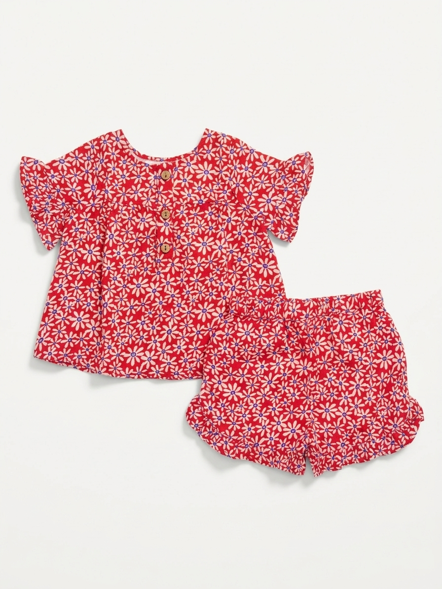 Girls' Crimson Daisy Gossamer Set – Flutter-Sleeve Top &amp; Ruffled Shortie in Breathable Muslin - Serromi