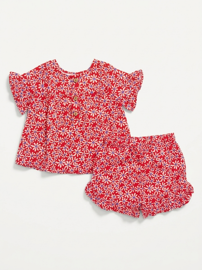 Girls' Crimson Daisy Gossamer Set – Flutter-Sleeve Top &amp; Ruffled Shortie in Breathable Muslin - Serromi