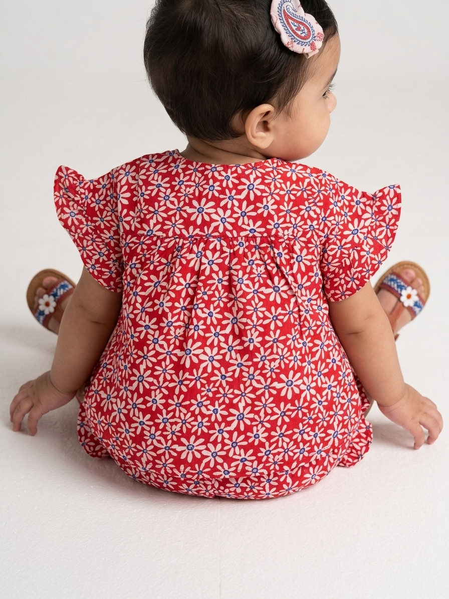 Girls' Crimson Daisy Gossamer Set – Flutter-Sleeve Top &amp; Ruffled Shortie in Breathable Muslin - Serromi