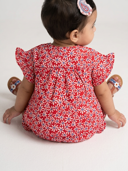 Girls' Crimson Daisy Gossamer Set – Flutter-Sleeve Top &amp; Ruffled Shortie in Breathable Muslin - Serromi