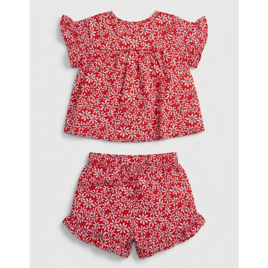 Girls' Crimson Daisy Gossamer Set – Flutter-Sleeve Top &amp; Ruffled Shortie in Breathable Muslin