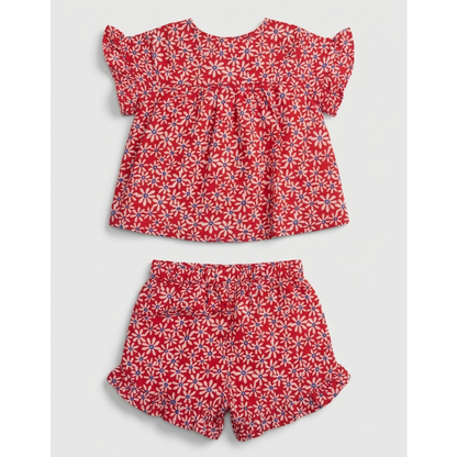 Girls' Crimson Daisy Gossamer Set – Flutter-Sleeve Top &amp; Ruffled Shortie in Breathable Muslin