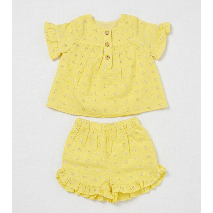 Girls’ Citron Broderie Anglaise Co-ord Set – Ruffled Eyelet Top and Shorts in Breathable Cotton Linen