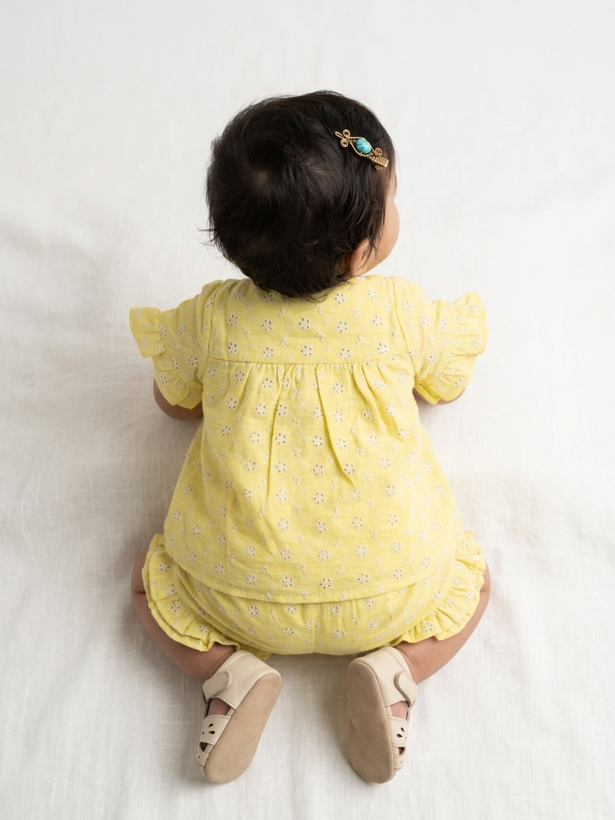 Girls’ Citron Broderie Anglaise Co-ord Set – Ruffled Eyelet Top and Shorts in Breathable Cotton Linen - Serromi