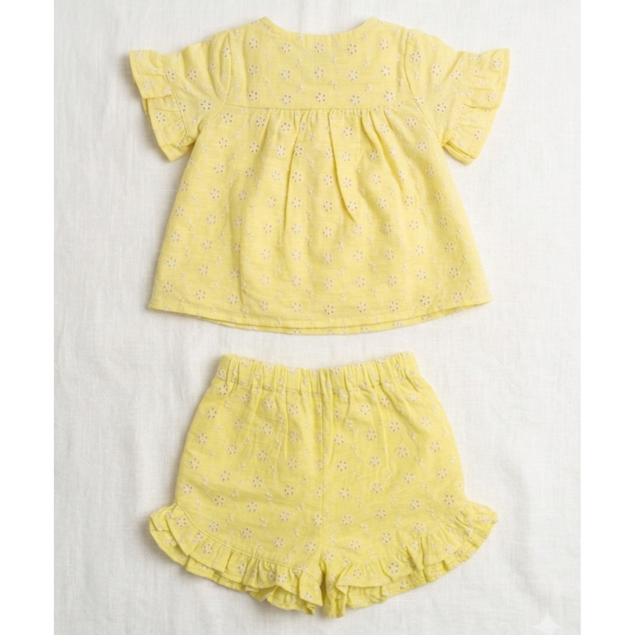 Girls’ Citron Broderie Anglaise Co-ord Set – Ruffled Eyelet Top and Shorts in Breathable Cotton Linen