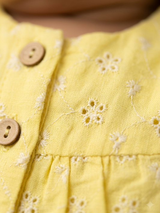 Girls’ Citron Broderie Anglaise Co-ord Set – Ruffled Eyelet Top and Shorts in Breathable Cotton Linen - Serromi