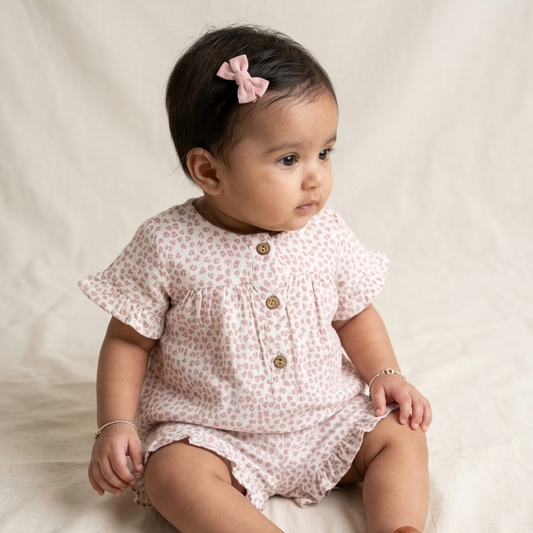 Girls' Dusky Rose Petal Muslin Set – Breezy Two-Piece Flutter Sleeve &amp; Ruffle Shortie