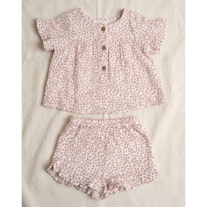 Girls' Dusky Rose Petal Muslin Set – Breezy Two-Piece Flutter Sleeve &amp; Ruffle Shortie - Serromi