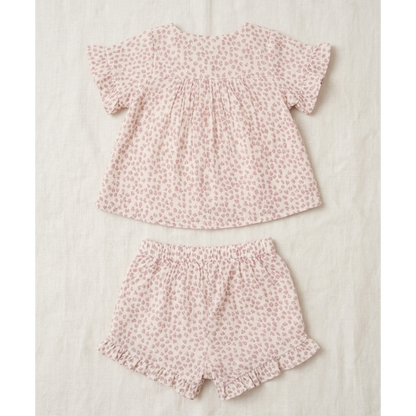 Girls' Dusky Rose Petal Muslin Set – Breezy Two-Piece Flutter Sleeve &amp; Ruffle Shortie