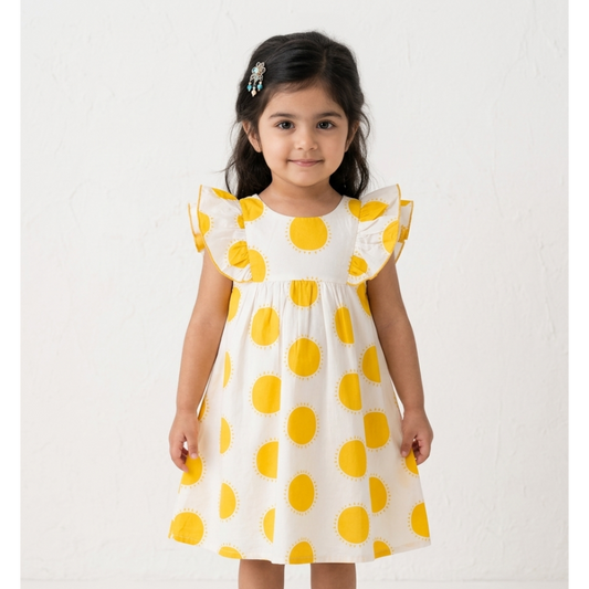 Little Solstice Sun-Print Flutter Dress – Artisan Cotton Tea Dress with Ruffled Cap Sleeves