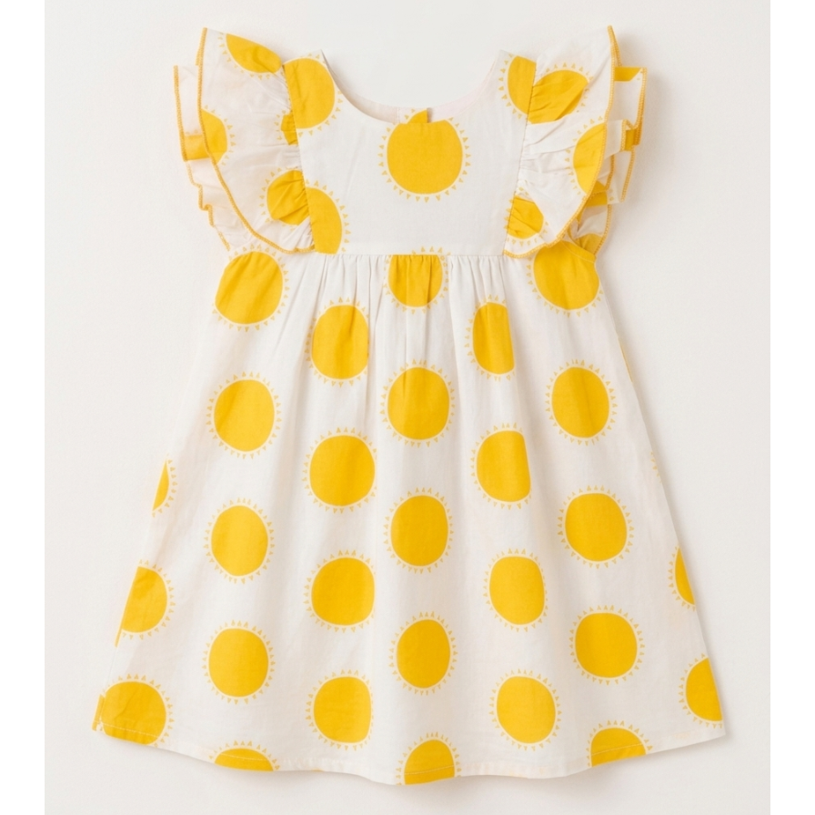Little Solstice Sun-Print Flutter Dress – Artisan Cotton Tea Dress with Ruffled Cap Sleeves