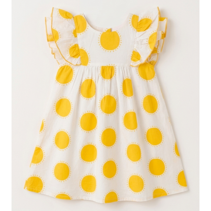 Little Solstice Sun-Print Flutter Dress – Artisan Cotton Tea Dress with Ruffled Cap Sleeves