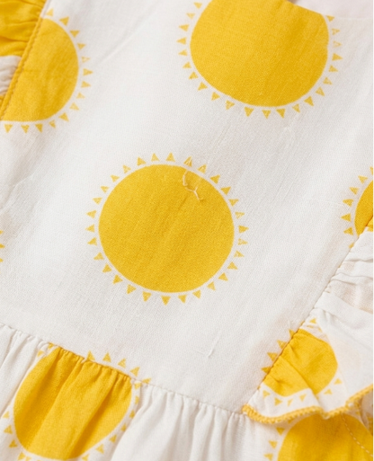 Little Solstice Sun-Print Flutter Dress – Artisan Cotton Tea Dress with Ruffled Cap Sleeves