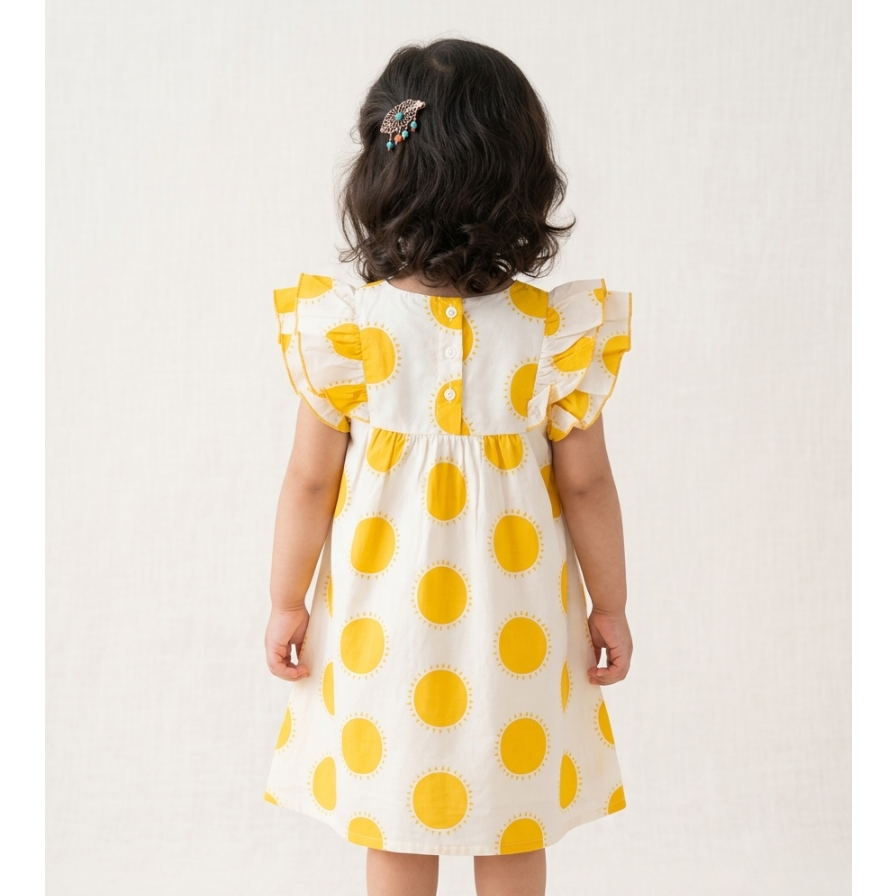 Little Solstice Sun-Print Flutter Dress – Artisan Cotton Tea Dress with Ruffled Cap Sleeves