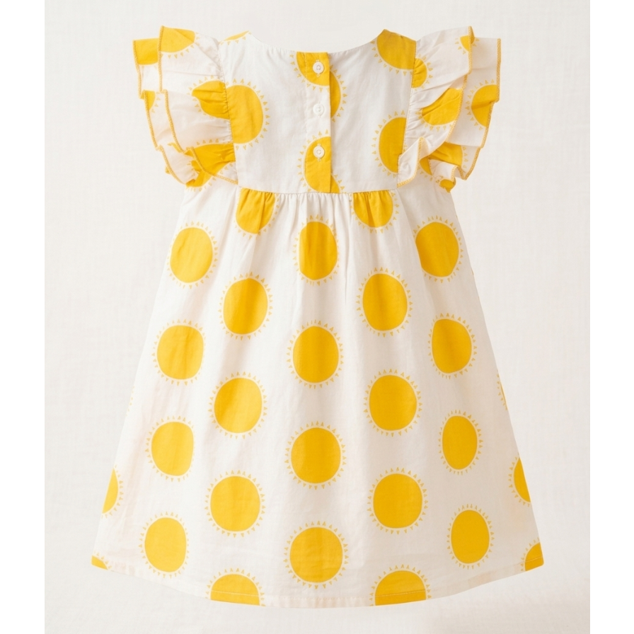 Little Solstice Sun-Print Flutter Dress – Artisan Cotton Tea Dress with Ruffled Cap Sleeves