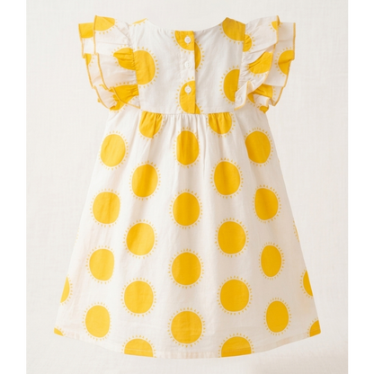 Little Solstice Sun-Print Flutter Dress – Artisan Cotton Tea Dress with Ruffled Cap Sleeves