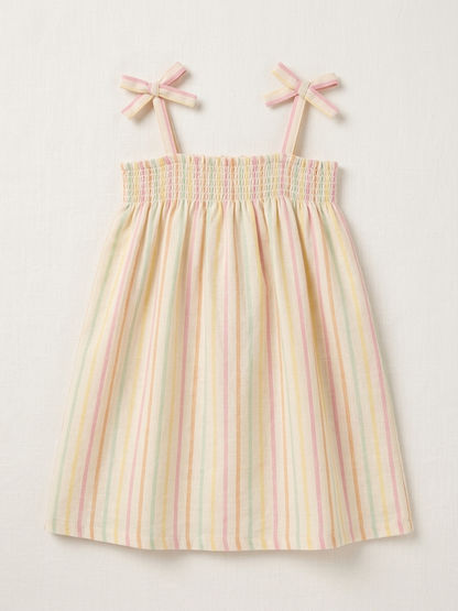 Girls' Pastel Candy-Stripe Smocked Sundress – Fine Cotton A-Line Dress with Ribbon-Tie Shoulders - Serromi
